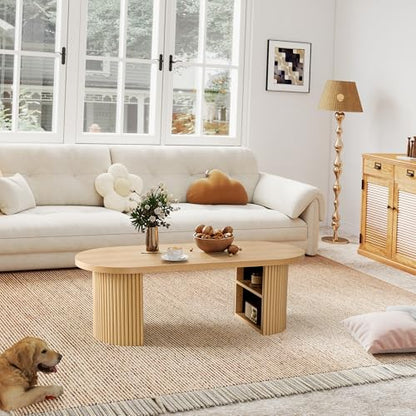 Oval Fluted Coffee Table, 47" Farmhouse Wood Coffee Table Mid Century Modern Center Table Boho Living Room Tables for Living Room Office,Natural - color: Natural, size: 19.69"D x47.2"W x 15.74"H