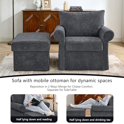 Eafurn Modern Chenille Accent Chair with Ottoman for Small Space, Comfy Upholstered Reading Chairs Lounge Armchair with Foot Rest, Sturdy Solid Wood Frame for Living Room - color: Gray 37.5"