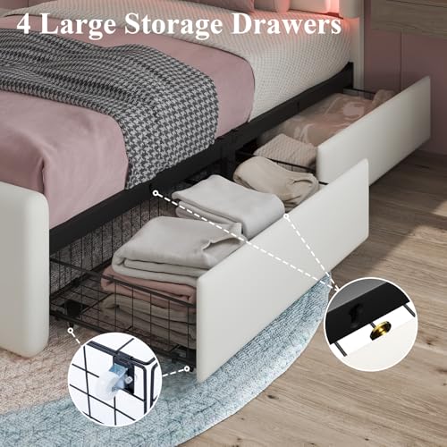 Twin Size Bed Frame with 4 Storage Drawers, Upholstered Headboard, White | Modern Bed, Charging Station, LED Light, Adjustable Height Headboard, Noise-Free, No Box Spring Needed, Easy Assembly - color: White, size: Twin