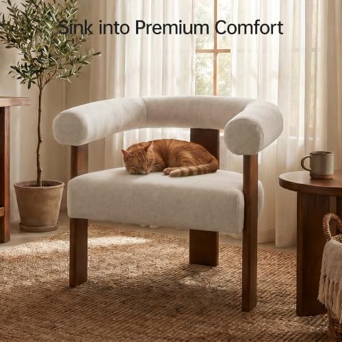 VKNOW Barrel Accent Chair, Vanity Chair with Armrests and Walnut Wood Legs | Mid Century Modern Upholstered Living Room Chairs with Open Back, Faux Mohair Fabric, for Living Room, Bedroom, Khaki - color: Khaki(walnut Legs), size: Set of 1