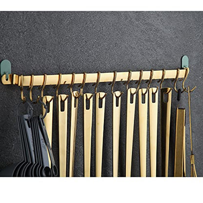 Kyraton Kitchen Utensil Rack, Kitchen Rack With Gold Titanium Plating,Rail Rack Organizer for Hanging Knives,Wall Mounted Gourmet Kitchen Rail with 14 Hooks - color: 2.Gold