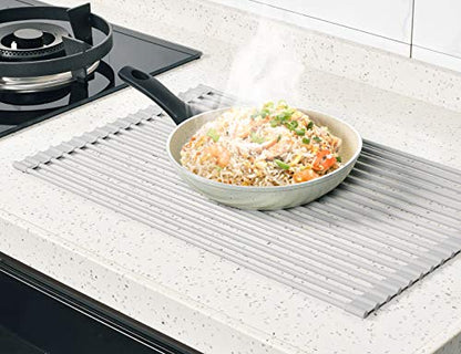 17.5 x 13.1 Inch Roll-Up Dish Drying Rack, Fits Across Sink Openings up to 16.5 Inches, Heavy-Duty Premium Silicone, Strong Support, Non-Slip, Heat-Resistant, Warm Gray - size: 17.5" x 13.1"