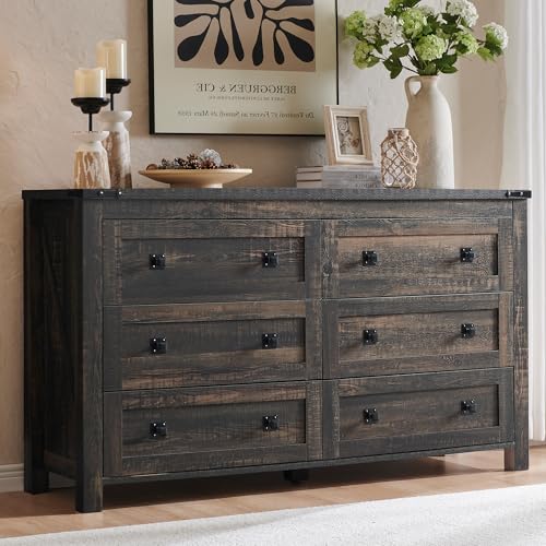 T4TREAM 54" Wide Farmhouse 6-Drawer Dresser for Bedroom, Dark Rustic Oak | Rustic, Wood Storage Cabinet, Metal Handle, Unique Corner Accent, Bedroom, Living Room, Hallway - color: Dark Rustic Oak, size: 15.8"D x 54"W x 31.3"H (6 Drawers)
