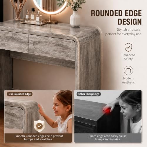 Vanity Desk, Makeup Vanity Desk with Drawers and Hanging Rack | 4 Tier Shelves, Modern Makeup Vanity Table with Curved Profile Design, Makeup Dressing Desk for Bedroom, Grey - color: Grey, size: 15.7"D x 70"W x 47"H