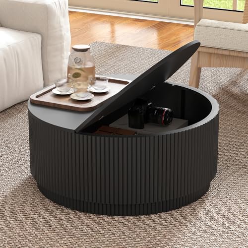 31.5" Round Coffee Table with Storage, Modern Accent Coffee Tables with Fluted Base, Wooden Circle Center Table for Living Room Small Space Apartment Office (Black) - color: Black 31.5" Round Flip-top