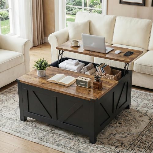 35” Farmhouse Coffee Table with Large Storage, Rustic Wood Lift Top Coffee Table for Living Room, Square Center Table with Charging Station&USB, Modern Port Pottery Barn Lift top Table - color: Black