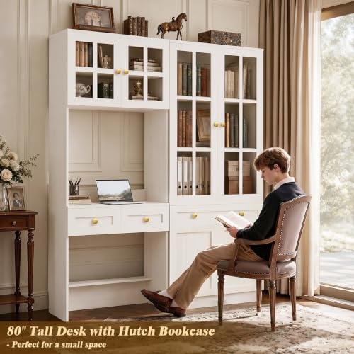 Besiost Farmhouse Desk with Glass Hutch, Small Writing Study Desk with Drawers, Multi-Function Desk for Home Office, Bedroom, Kitchen, Distressed White (27.6" L × 11.8" D × 80" H) - color: Distressed White, size: 27.6"
