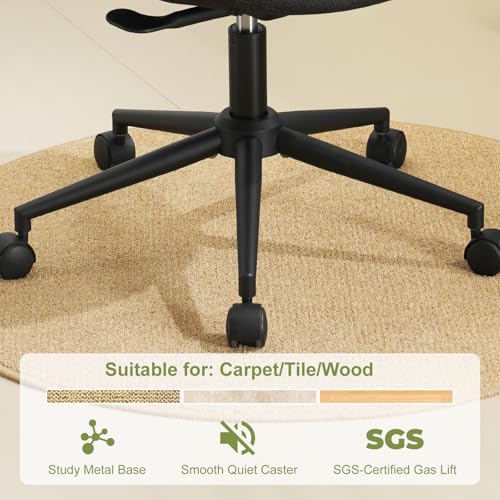 Armless Office Chair with Wheels, Luxury Chenille Swivel Desk Chair with Ergonomic Curved Teardrop Back, Double-Layer Seat, Adjustable Modern Vanity Chair for Makeup, Home Office, Black - color: Black, size: Teardrop Back