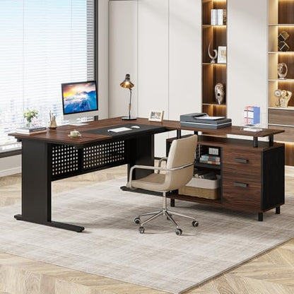 Tribesigns 63 Inch Executive Desk with File Cabinet, L Shaped Office Desk | Large Office Desk with File Drawer, L Shaped Desk with Storage Shelf, Business Furniture for Home Office, Dark Walnut - color: Black and Dark Walnut