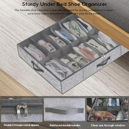 Onlyeasy Sturdy Under Bed Shoe Storage Organizers with Handles & Clear Window (16 to 32 Pairs) 2 Pack, Closet Shoes Containers Boxes for Kids & Adults, 37.7"x23.6"x5.9", Linen-like Grey, MXDUBS16P2 - color: 2 Shoes (16+16 Cells) Linen-like Grey