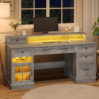 HAUOMS Farmhouse Executive Desk Computer Desk with Drawers，Grey | Executive Office Desk with File Drawers, Power Outlet, Led Lights, Storage Cabinet and Monitor Shelf for Home Office - color: Grey