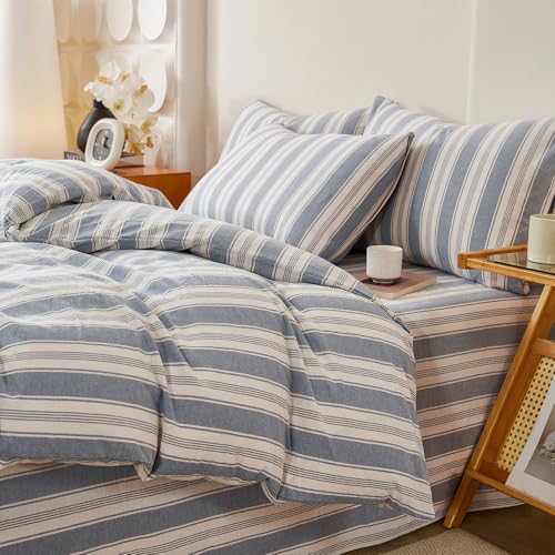 Blue Striped Duvet Cover Set Twin, 100% Washed Cotton Chic Stripes Pattern Printed Bedding Set Twin, 3 Pieces Soft Breathable Duvet Cover Farmhouse Retro Striped Comforter Cover with Zipper Closure - color: 08# Blue Striped, size: Twin(68"x86")