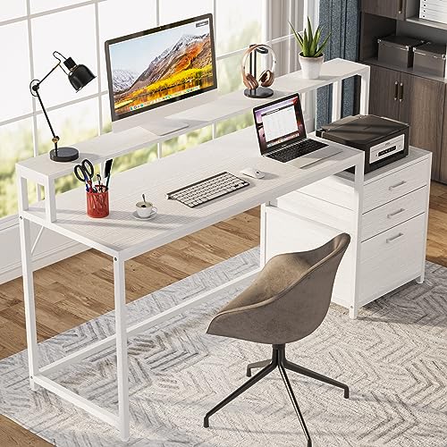 Tribesigns 63 Inch Computer Desk with File Drawer Cabinet, Ergonomic Desk | Office Desk with Monitor Stand, Computer Table with Printer Space, Wood PC Table Workstation Desk for Home Office, White - color: White