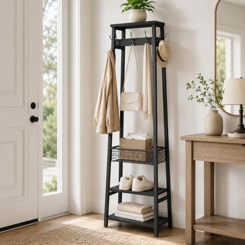 Coat Rack with Metal Basket and Storage Shelves | Coat Stand Freestanding, Hall Tree With and 7 Hooks, Clothes Rack Stand Organizer, Black - color: Black, style: 2 Shelves + 1 Basket