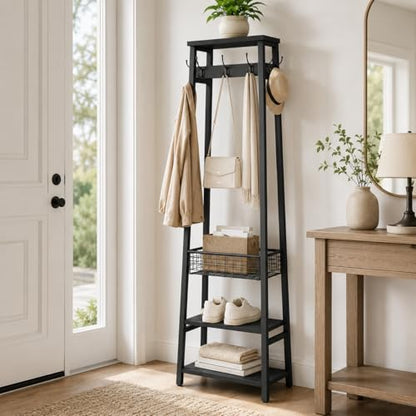 Coat Rack with Metal Basket and Storage Shelves | Coat Stand Freestanding, Hall Tree With and 7 Hooks, Clothes Rack Stand Organizer, Black - color: Black, style: 2 Shelves + 1 Basket