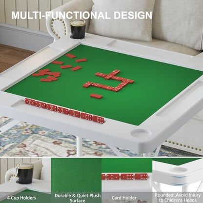 35.4" Square Folding Card Table, Mahjong Table with Green Felt，Chip Trays and Cup Holders, Portable Domino Tables for 4 Players, Card Game Tables for Mahjong Poker Domino Game - color: White
