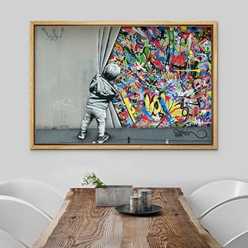 wall26 Framed Canvas Print Wall Art Banksy British Artist Kid Spray Paint Curtain Illusion Graffiti & Street Art Urban Illustrations Modern Art Boho for Living Room, Bedroom, Office - 16"x24" Natural - color: A12-2204-ma05114, size: 24"L x 16"W