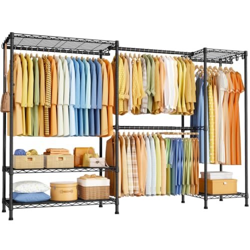E17 Heavy-Duty Clothes Rack with 2 Expandable Hanging Rods, Black | (78-102.7)”W x 15.7”D x 76.6”H Adjustable Clothing Racks with Shelves, Metal Closet Wardrobe System for Hanging Clothes - color: Black