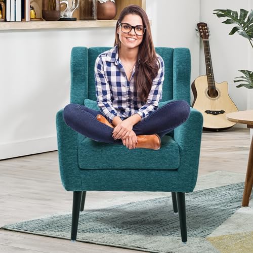 Accent Chair Set of 2, Upholstered Armchair with Pillow, Fabric Single Sofa Chair with Lounge Seat and Wood Legs Accent Chair for Living Room Small Spaces (Teal) - color: Teal, size: Set of 2