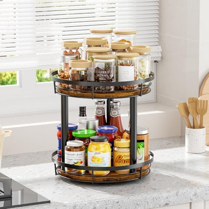 LAMU 10'' Wood Lazy Susan Spice Rack Organizer, 2 Tier Spice Organization for Cabinet, Countertop, Kitchen, Table Top, Pantry, Condiment and Seasoning Rack Organizer - size: 2 Tier 10 in