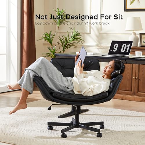 amseatec Criss Cross Office Chair, Swivel Makeup Vanity Chair with Wheels | Wide PU seat supports cross-legged, fidget-friendly sitting; 5-level armrests create pet space; wipe-clean finish eases care - color: Black
