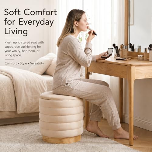 JHY DESIGN Round Ottoman with Storage, 16.5" H Velvet Footstool with Removable Lid & Solid Wood Base – Padded Seat Storage Ottoman for Bedroom, Living Room, Vanity(Cream)
