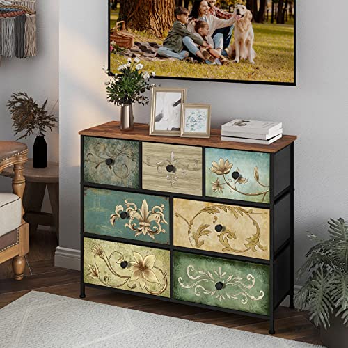Dresser with Drawers for Bedroom Chest of Drawers Fabric Dresser for Closet,Nursery Entryway Hall Tree TV Stand for Living Room Retro Floral Pattern Drawers Wooden Top (7 Drawers) - size: 11.8"D x 39"W x 31.3"H (7 Drawers)