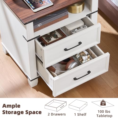 Farmhouse Night Stand with Charging Station, White | 2 Drawers End Tables Bedroom, Nightstand with Metal Handles & Solid Wood Foot & Open Shelf - color: White