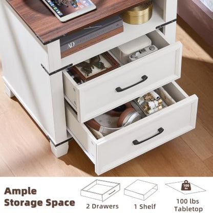 Farmhouse Night Stand with Charging Station, White | 2 Drawers End Tables Bedroom, Nightstand with Metal Handles & Solid Wood Foot & Open Shelf - color: White
