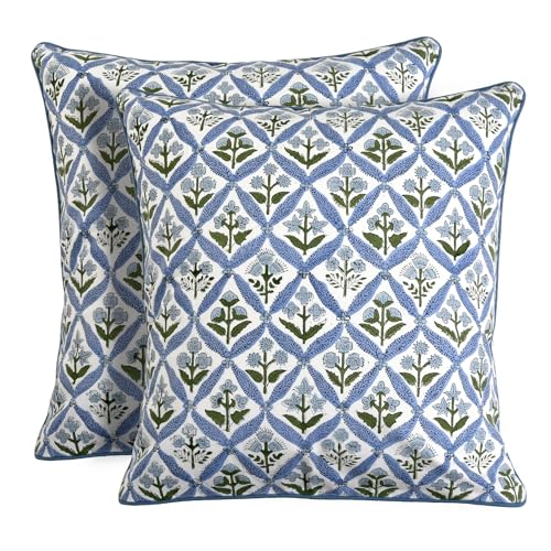 Block Print Light Steel Blue Pillow Cover 16" x 16" (Pack of 2) Decorative Couch Pillows for Living Room, Chic Boho Cute Outdoor Pillows Covers Gifts for Spring, Easter and Valentine - color: Light Steel Blue, size: 16" x 16" (Pack of 2)