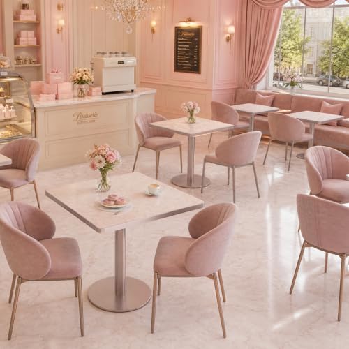 31.5'' Tulip Table, Square Dining Table with Glossy Sintered Stone Tabletop | Rose Gold Aluminum Alloy Edge & Pedestal, Small Bistro Table for Dining Room/Café/Small Spaces/Restaurant (Blush Onyx) - color: Blush Onyx (Rose Gold), size: Square