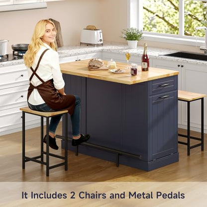 47" Kitchen Island with Seating, Stationary Island Table with Storage Include 2 Chairs, Kitchen Islands with Drop Leaf, Dining Table with Trash Cabinet & Power Outlet & Spice Rack, Blue - color: Blue