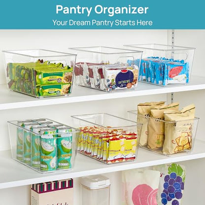 Vtopmart 6 Pack Clear Storage Bins, Pantry Cabinet Organizer Bins, Medium | Plastic Pantry Storage Bins with Handle, Storage Containers for Fridge, Cabinet, Kitchen, Countertops, Cupboard, Freezer - size: M(10"×6"×5")