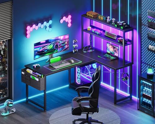 AODK L Shaped Desk Gaming Desk with LED Light & Power Outlet | 43 Inch Black Reversible L Shaped Computer Table with Shelf, Corner Desk with Storage Bag&Hook for Home Office Desk - color: Black, size: 43 Inch