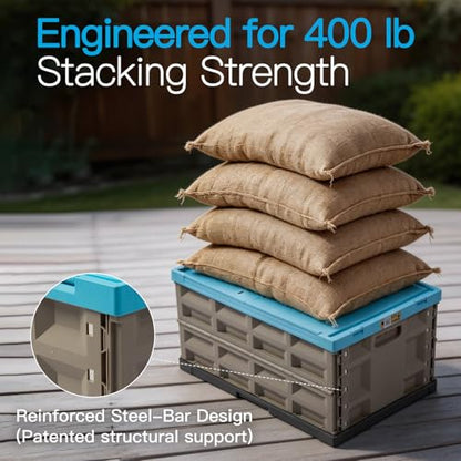 Heavy Duty Collapsible Storage Bins, Attached Lids, 12 Gal, 2 Pack | 400 LBS Stacking Strength, Secure Slide Lock, Durable PP Plastic, For Garage / RV / Car Trunk / Moving - color: Blue - 45L - Pack of 2
