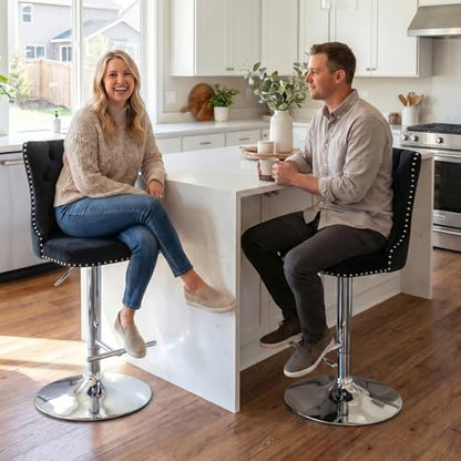 Velvet Bar Stool Set of 2, Adjustable Swivel Bar Stools with Silver Plated Metal Leg, Button Tufted, Footrest, Chrome Nailhead, Counter Height Chair for Kitchen, Bar, Dining Room (Black) - color: Black-silver Leg, size: Set of 2