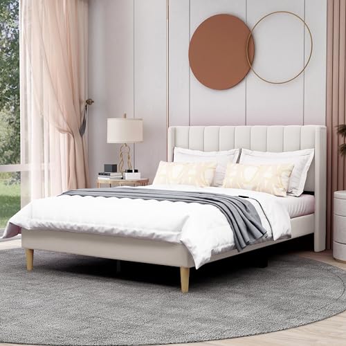 AGARTT Upholstered Platform Bed Frame Full Size, Beige Velvet | Headboard and Footboard/Wooden Slats Support/No Box Spring Needed/Easy Assembly - color: Beige Velvet, size: Full