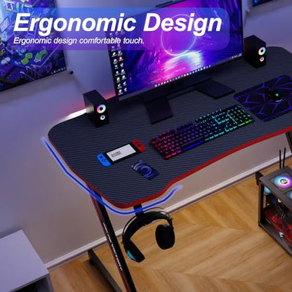 Ruesleag 39 Inch Gaming Desk Ergonomic Home Office Desk Z-Shaped Computer Desk PC Workstation Modern Simple Study Table w/Headphone Hook Adjustable Leveling Foot Spacious Desktop,(Red)