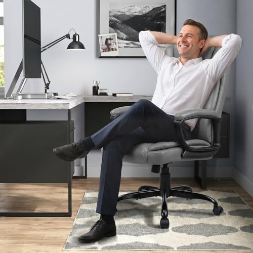 Home Office Executive Desk Chair, High Back PU Leather Chair, Height Adjustable Swivel Computer Chair with Padded Armrest, Grey - color: Grey