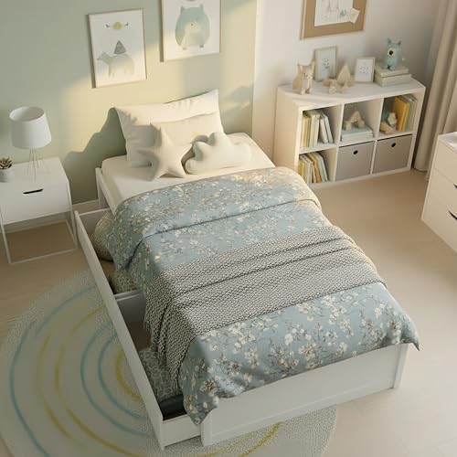 KOMFOTT Twin Size Wood Platform Bed Frame with 2 Storage Drawers, Wooden Platform Bed with Slats Support, Daybed Frame for Living Room, Twin Bed Frame for Teens, Adults, No Box Spring Needed (White) - color: White, size: Twin