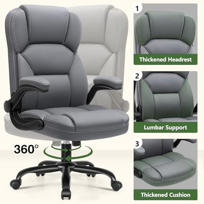 Leather Office Chair with Flip Up Arms, 360° Swivel Ergonomic Desk Chair with Wheels, Adjustable Height Computer Chair with Padded Seat for Home Office, Study,Gaming Room, Gray - color: Grey