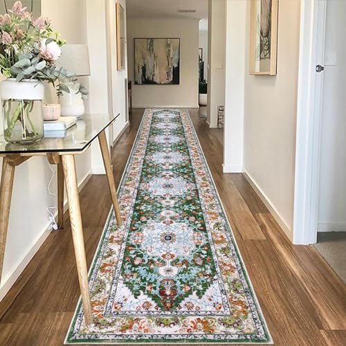 U'Artlines 2'x14' Boho Hallway Runner Rug Non Slip Washable Runners,Green | Vintage Farmhouse Kitchen Rug Accent Area Carpet for Entryway, Dining Room and Living Room - color: Green, size: 2' x 14' (Runner)