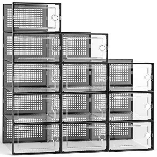 Kuject 12 Pack Large Shoe Boxes, Clear Stackable Containers with Lids,Black | Shoe organizers for closet & entryway, under-bed,Drop-front design fits women's size 10 - color: Black, size: Large