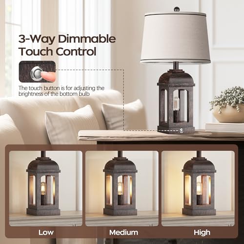 Table Lamp for Bedroom Set of 2, Farmhouse Lamps with Nightlight, Bronze | 2 LED Bulb Included, USB A+C Charging Ports, 3-Way Dimmable, Rotary & Touch Control Switch, 26" Rustic Nightstand Lamp - color: Bronze, size: Set of 2