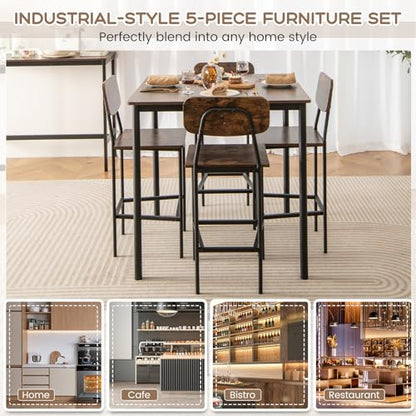 Giantex 5-Piece Dining Table Set W/Counter Height Table & 4 Bar Stools, Industrial Kitchen Dining Set W/Footrest & Backrest, Space-Saving Dinette Set for Pub, Dining Room, Restaurant (Mix Brown) - color: Mix Brown