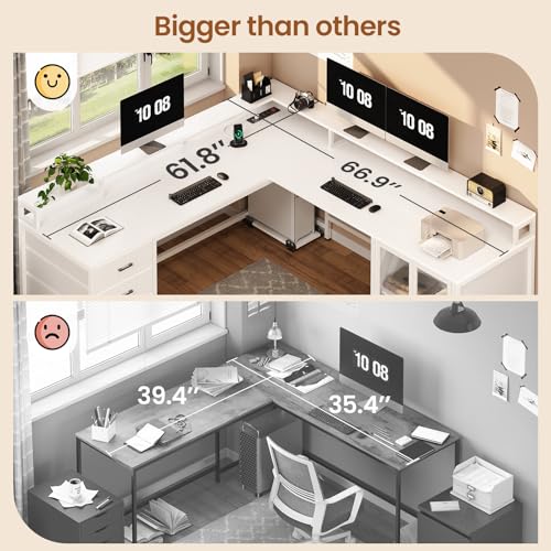 SEDETA L Shaped Gaming Desk with 4 Drawers, 109” Computer Desk with Display Cabinet, Home Office Desks with 2 Monitor Stands, CPU Stand, LED Lights and Power Outlet, White - color: White