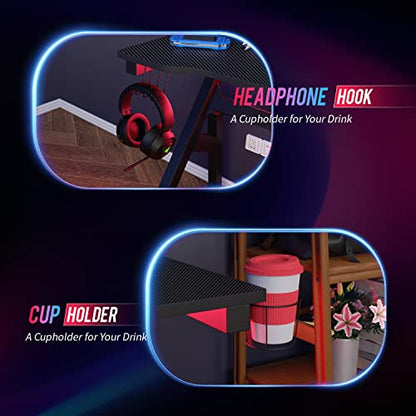 BestOffice | 47" Gaming Table | Red | R-Shaped Computer Desk | with Steel Frame, Headphone Hook, Adjustable Feet | Carbon Fiber Texture| Easy to Clean | for Gaming, Home Office - color: Red, size: 47 Inch R Shaped