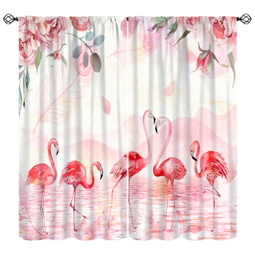 Flamingo Curtain, Rose Flower Green Leaves Watercolor Art Romantic Pink White Blush Window Drapes Treatments for Bedroom Living Room Kitchen 42" W X 45" L(No Blackout) - color: Flamingo-1, size: 20.5"W x 45"L (Pack of 2)
