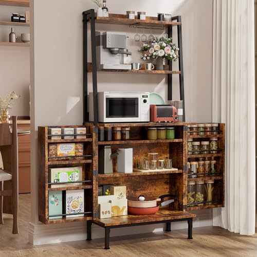 58” Pantry Cabinets with Microwave Shelves, Freestanding Kitchen Storage Cabinet with Adjustable Shelves, Buffet Cupboards for Kitchen, Dining Room, Living Room Use, Retro Brown - color: B-58" Retro