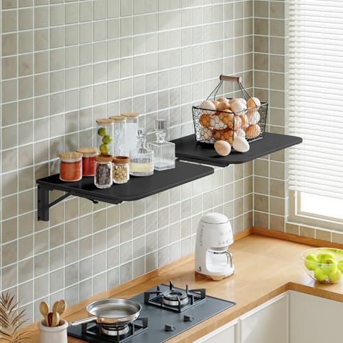 HOOBRO Folding Table, Wall Mounted Floating Desk with Iron Bracket, Drop Leaf Table for Small Spaces, Kitchen, Laundry Room, Home, Office, Black BK054BZ01 - color: Black